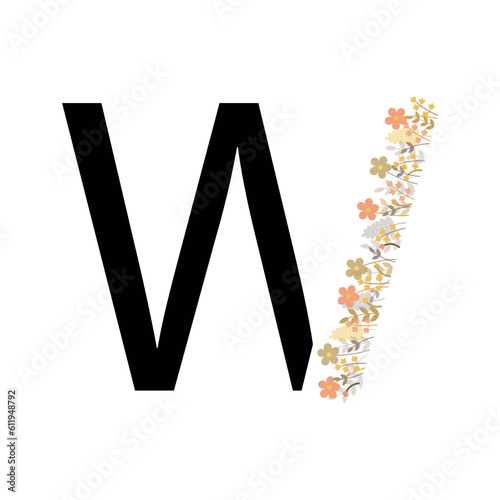 the letter W. vector drawing. the alphabet is English. a letter with flowers. partial bouquet with letters. on a white background. EPS 10.