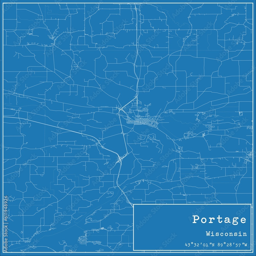 Blueprint US city map of Portage, Wisconsin.