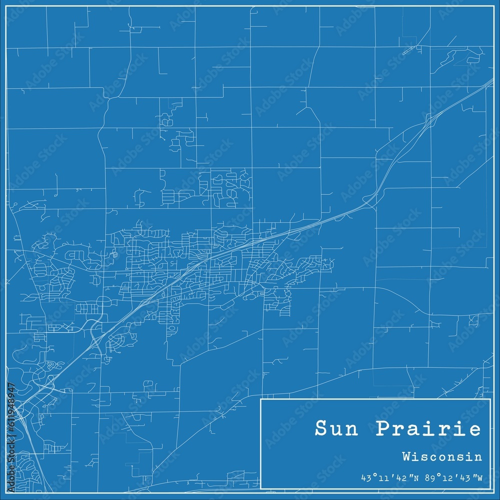 Blueprint US city map of Sun Prairie, Wisconsin.