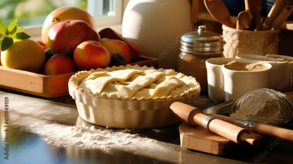 make pie with fruit in front modern oven, and stuff tools equipment, without text - generative AI