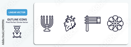 religion outline icons set. religion thin line icons pack included big menorah, lion of judah, gragger, flowers vector.