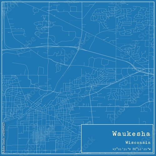 Blueprint US city map of Waukesha, Wisconsin.
