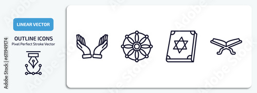 religion outline icons set. religion thin line icons pack included dua hands, dharma, torah book, reading quran vector.