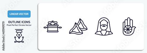 religion outline icons set. religion thin line icons pack included ark of the convenant, hamantaschen, moses, jainism vector.