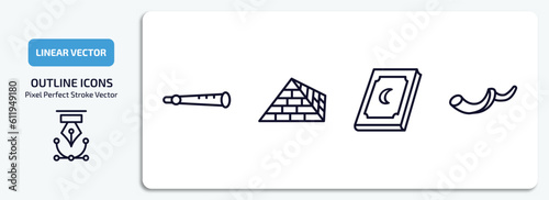 religion outline icons set. religion thin line icons pack included shehnai, captives to egypt, holy quran, shofar vector.