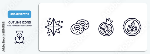 religion outline icons set. religion thin line icons pack included holy star, jewish bagels, half pomegranate, hinduism vector.