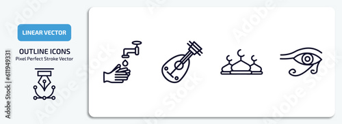 religion outline icons set. religion thin line icons pack included wudu, oud, abrahamic, eye of ra vector.