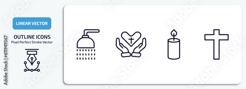 religion outline icons set. religion thin line icons pack included islamic ghusl, faith, candle, christian vector.