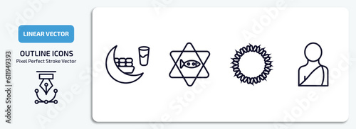 religion outline icons set. religion thin line icons pack included fasting, inclined fish, crown of thorns, buddhist monk vector.