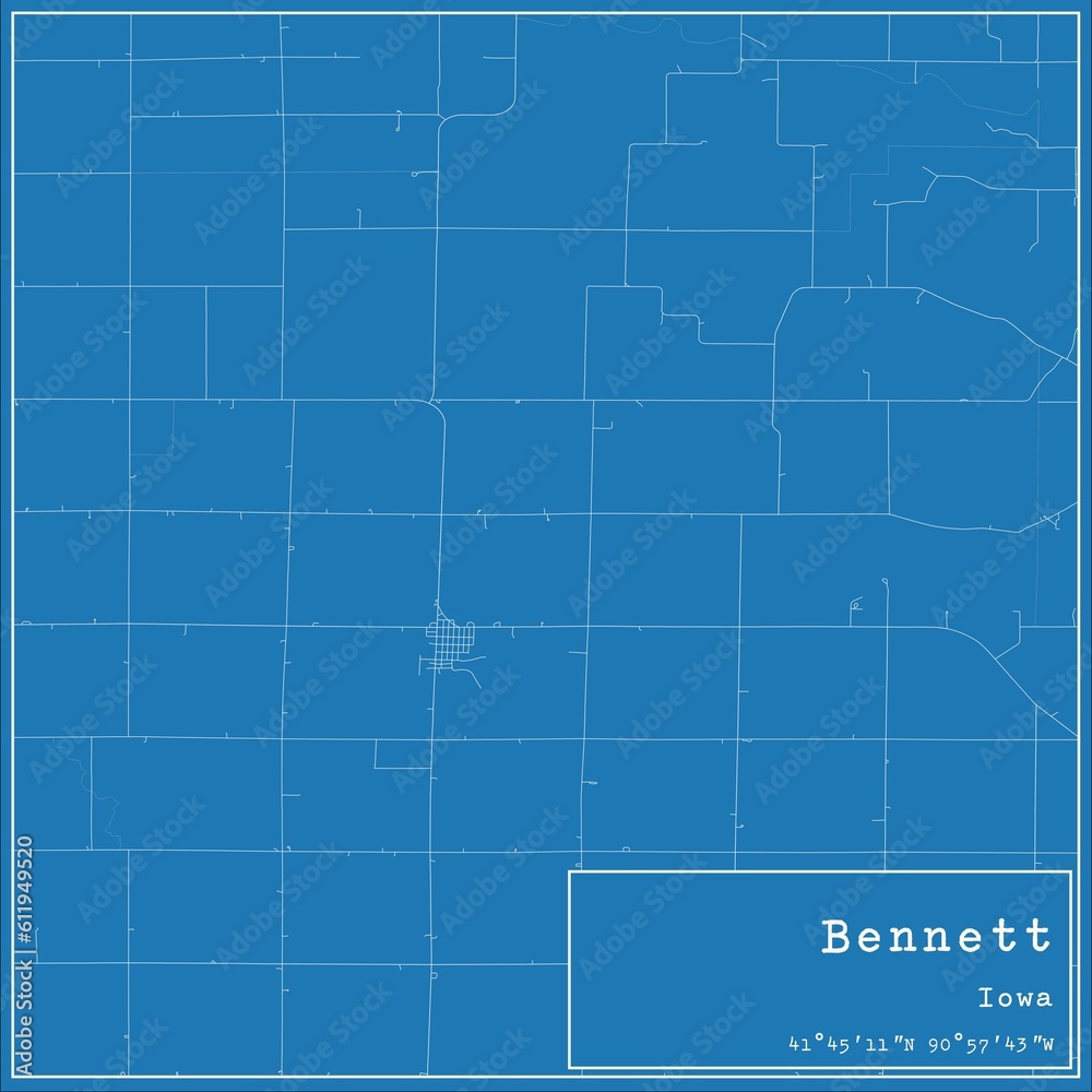 Blueprint US city map of Bennett, Iowa.