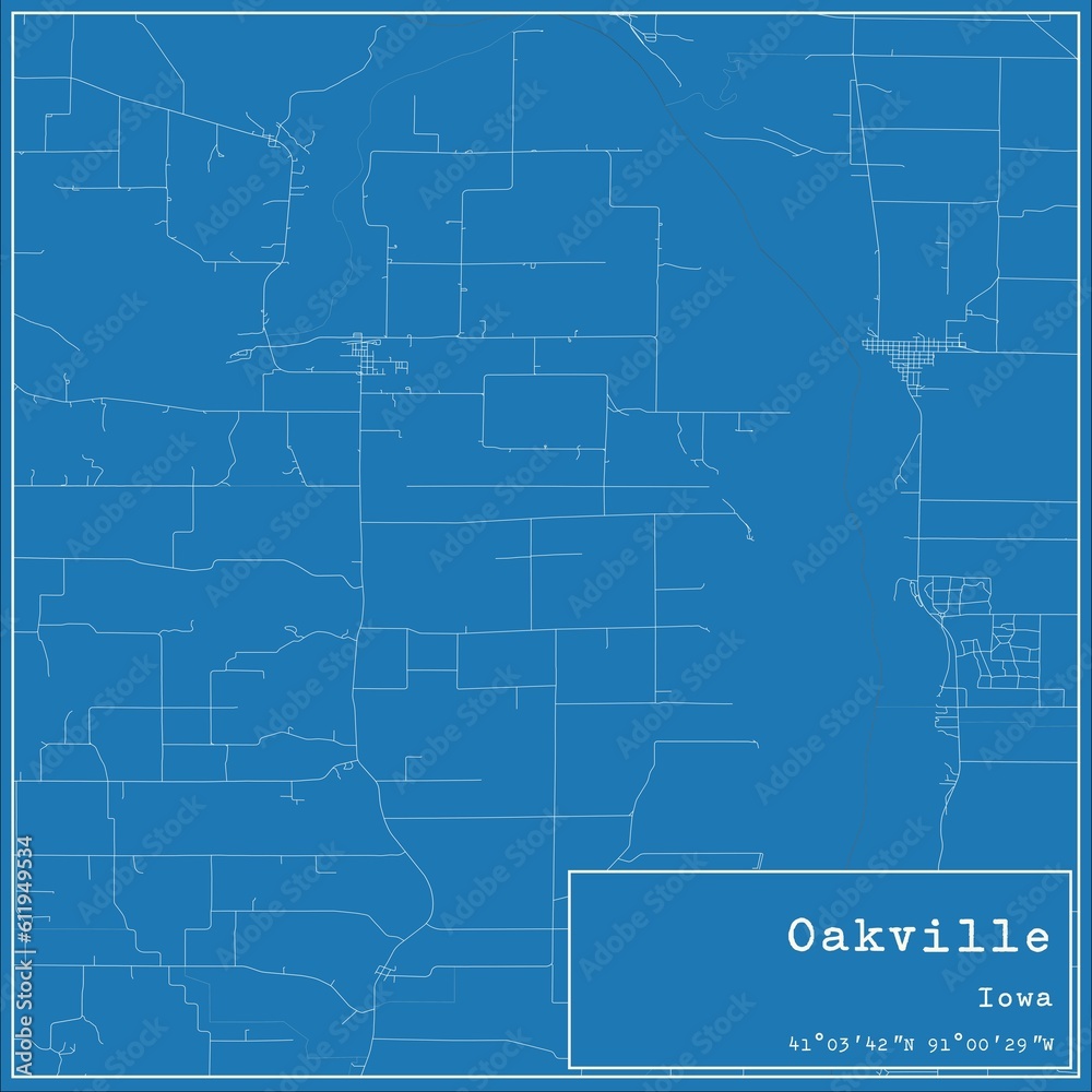 Blueprint US city map of Oakville, Iowa.