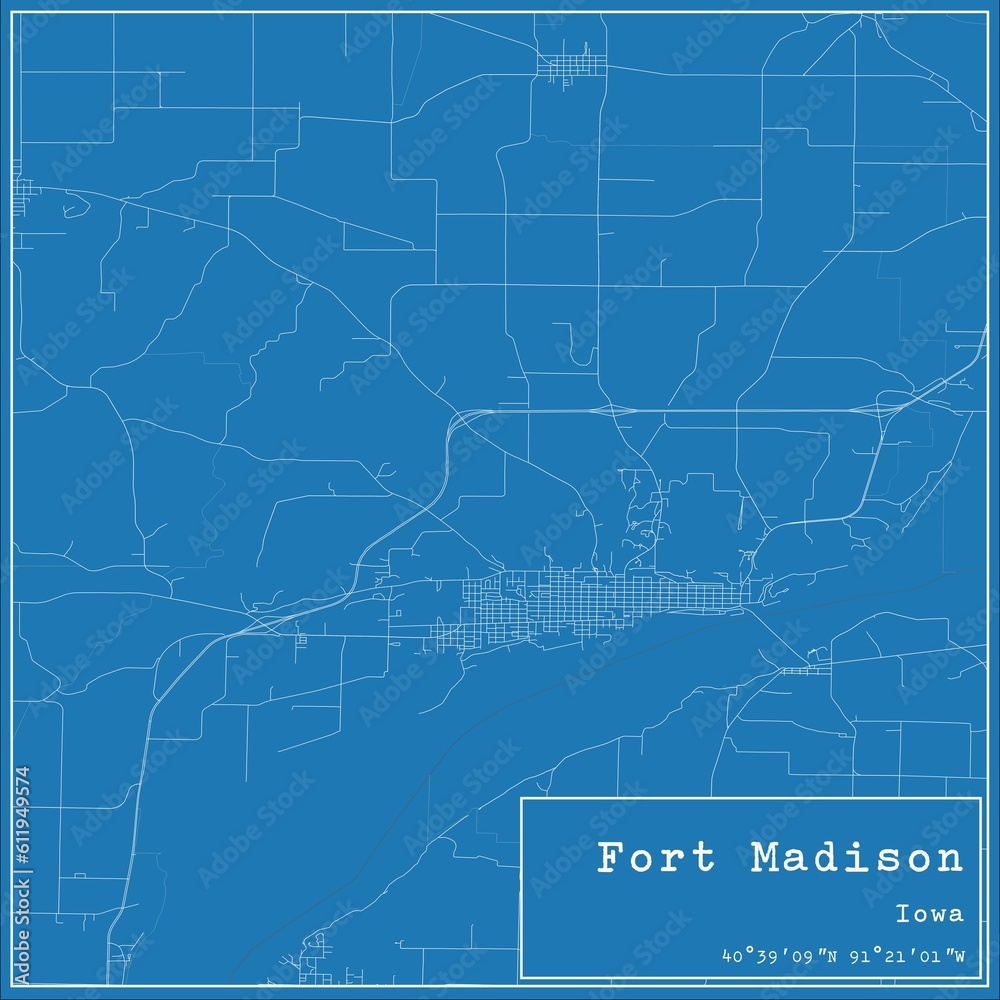 Blueprint US city map of Fort Madison, Iowa.
