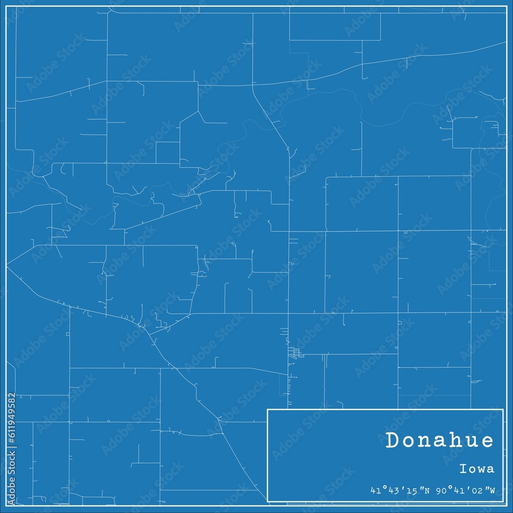 Blueprint US city map of Donahue, Iowa.