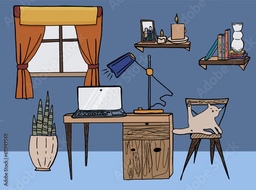 Vector interior of living room, hand drawn cartoon illustration. Doodles furnitures in mid century style.