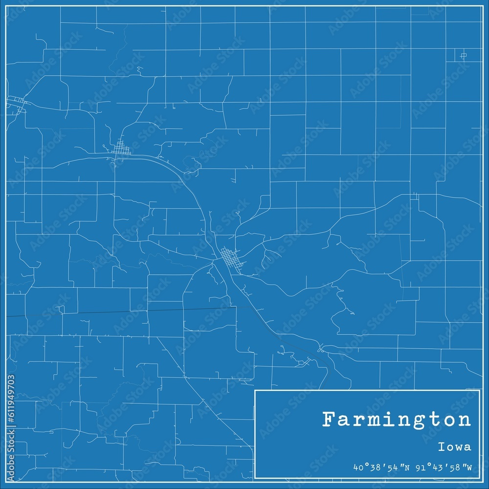 Blueprint US city map of Farmington, Iowa.