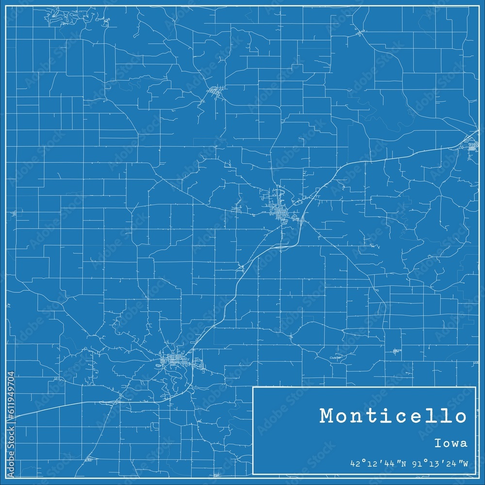 Obraz premium Blueprint US city map of Monticello, Iowa.