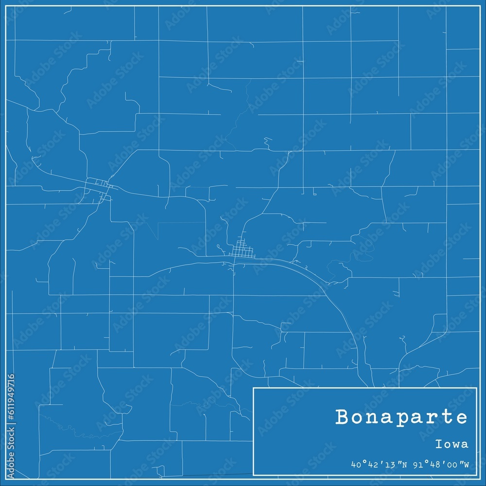 Blueprint US city map of Bonaparte, Iowa.