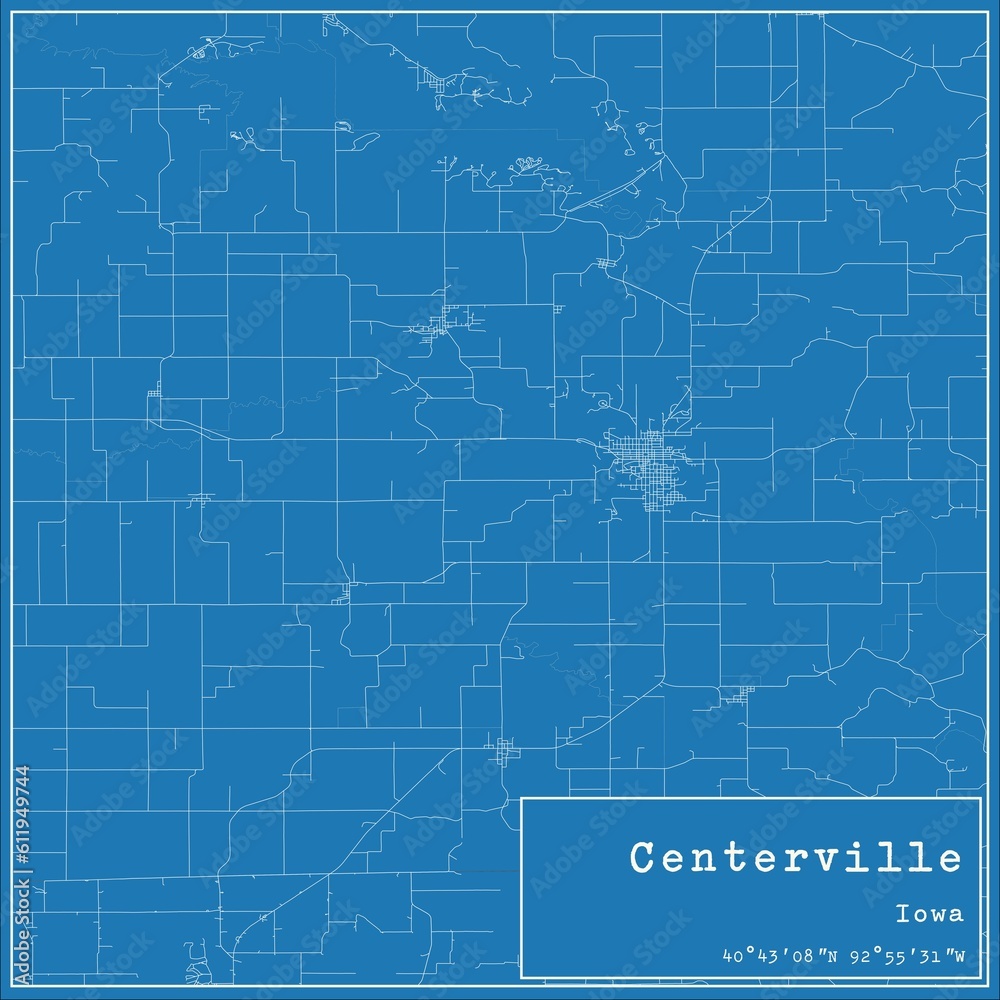 Blueprint US city map of Centerville, Iowa.