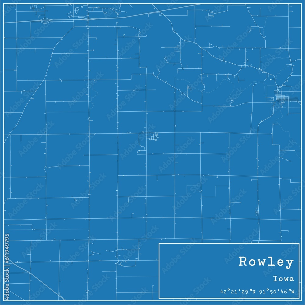 Blueprint US city map of Rowley, Iowa.