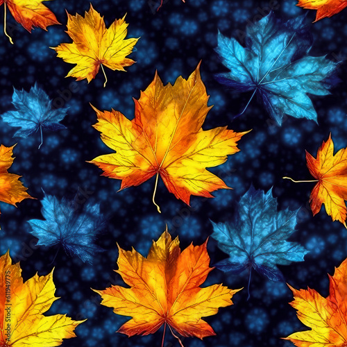 Seamless pattern of multi-colored autumn leaves. AI generated.