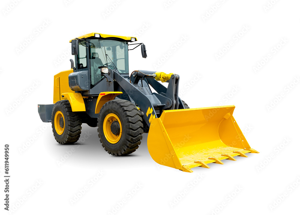 Yello Wheel Loader Isolated on White Background. Front Loading Shovel. Manufacturing Equipment. Pneumatic Truck. Tractor Front End Loader. Heavy Equipment Machine. Side View Industrial Vehicle. Yello Wheel Loader Isolated on White Background. Front Loading Shovel. Manufacturing Equipment. Pneumatic Truck. Tractor Front End Loader. Heavy Equipment Machine. Side View Industrial Vehicle.