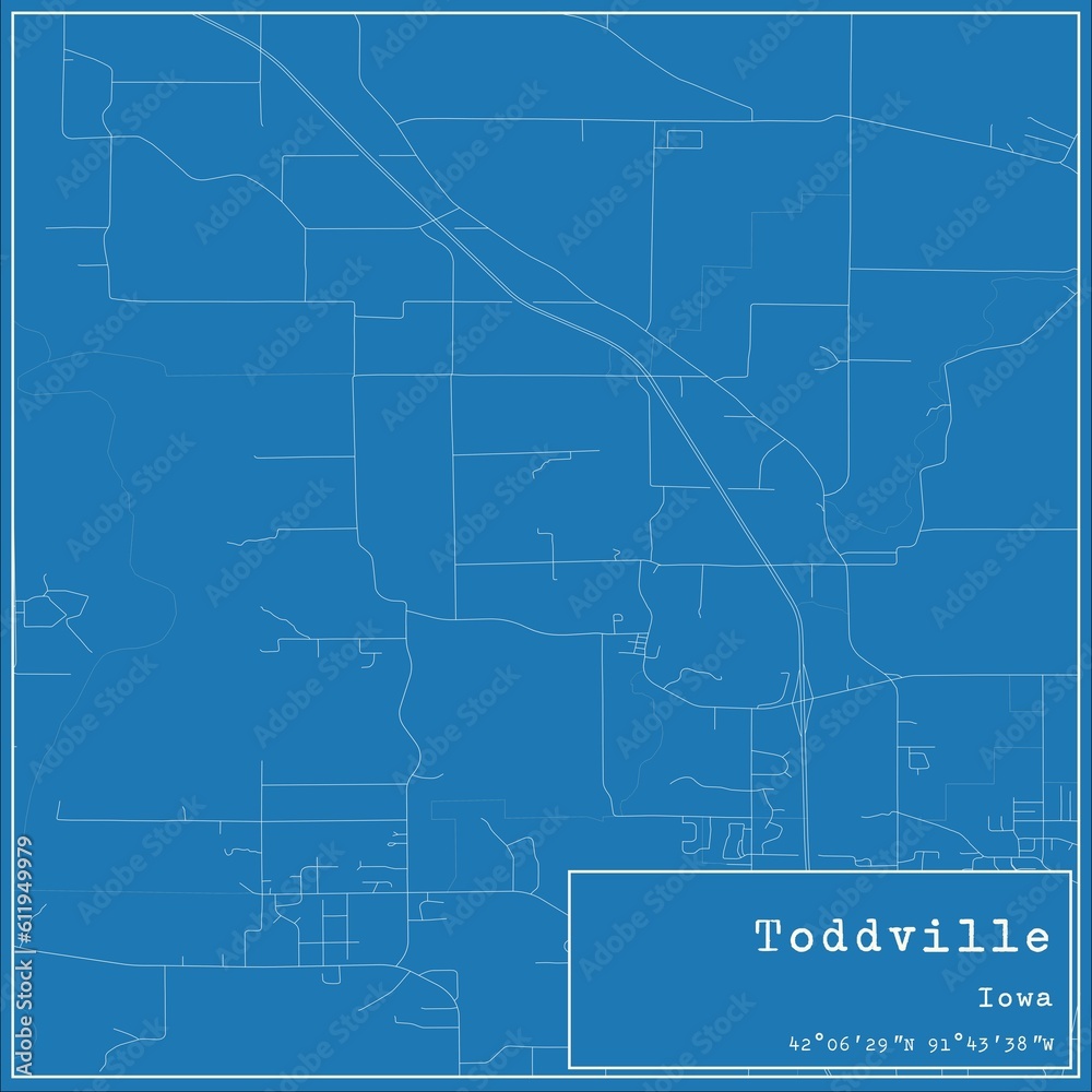 Blueprint US city map of Toddville, Iowa.