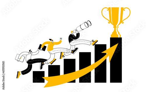 Characters running briskly along the histogram to the Gold Cup. Vector illustration on the theme of teamwork in sales and success.