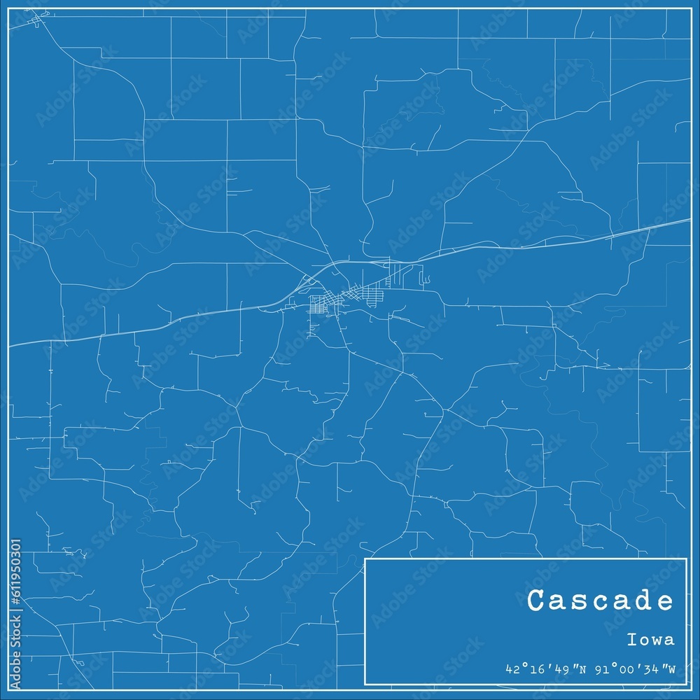 Blueprint US city map of Cascade, Iowa.