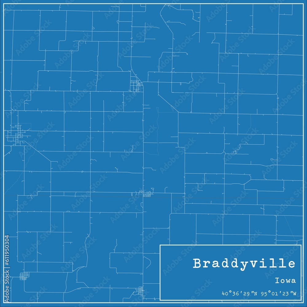 Blueprint US city map of Braddyville, Iowa.