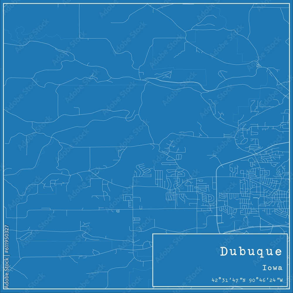 Blueprint US city map of Dubuque, Iowa.