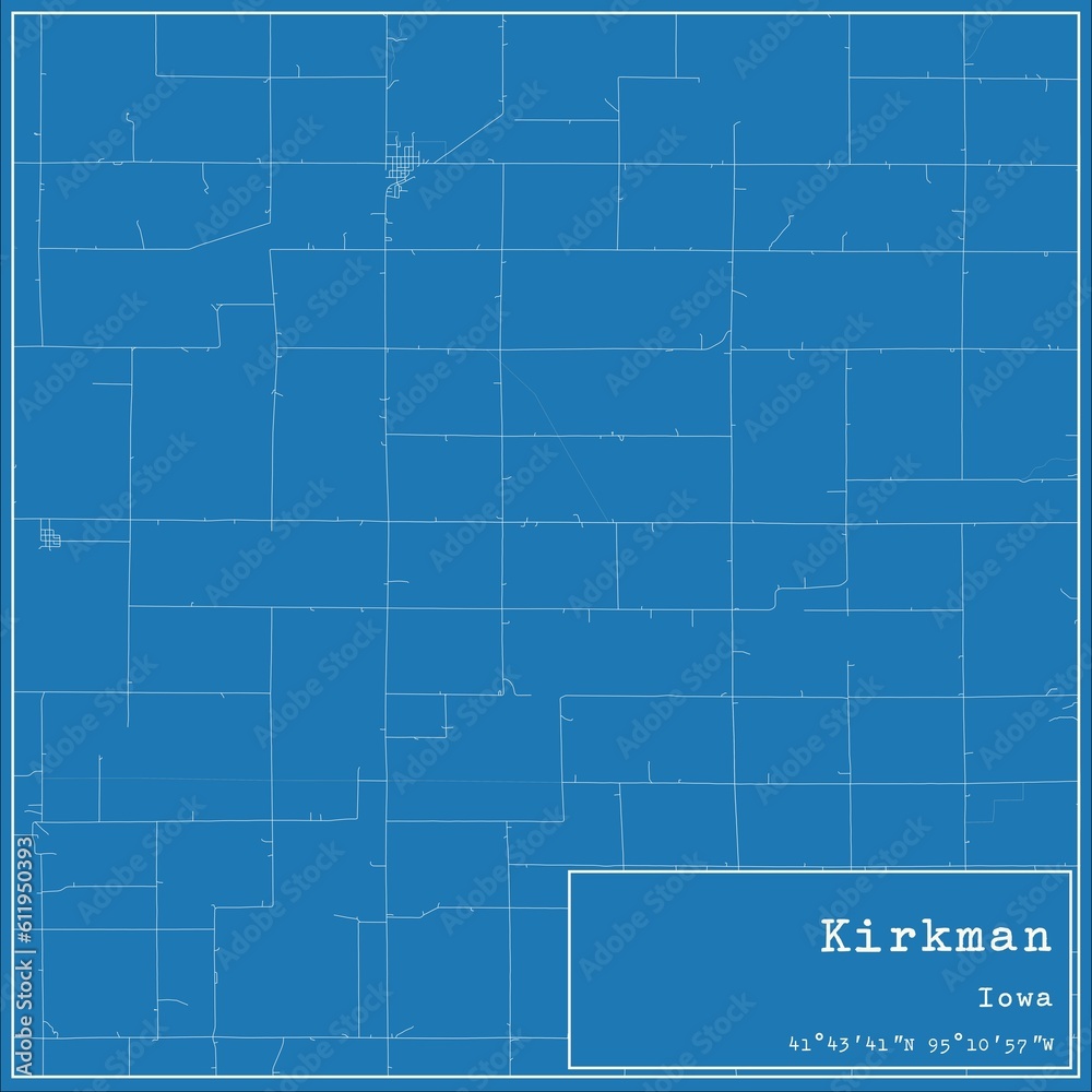 Blueprint US city map of Kirkman, Iowa.