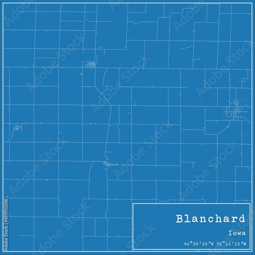 Blueprint US city map of Blanchard  Iowa.