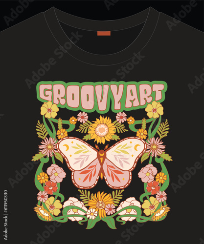 Groovy Art slogan with butterfly and flowers. Hippie style groovy vibes.