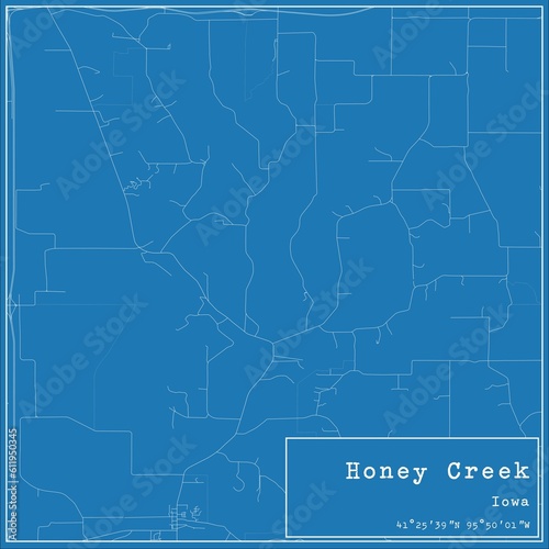 Blueprint US city map of Honey Creek, Iowa.