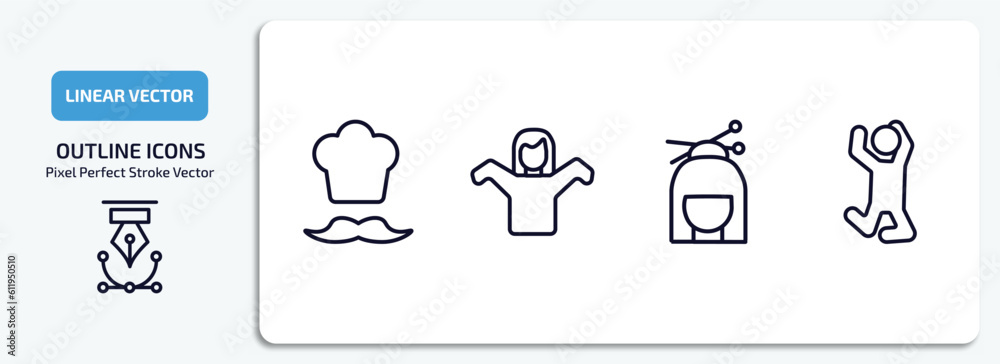 Naklejka premium people outline icons set. people thin line icons pack included chief, getting dressed, japan geisha, man jumping vector.