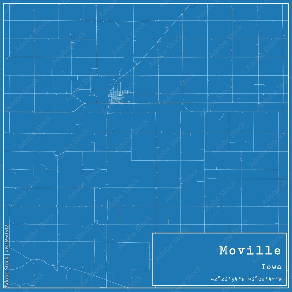 Blueprint US city map of Moville, Iowa.