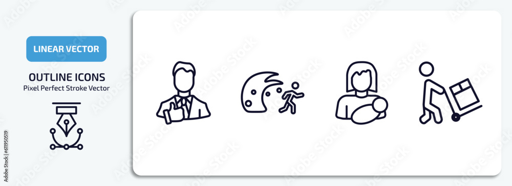 people outline icons set. people thin line icons pack included tumb up business man, waves danger, breastfeeding, worker loading vector.