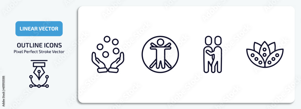 people outline icons set. people thin line icons pack included juggling ball, vitruvian man, snuggle, bohemian vector.