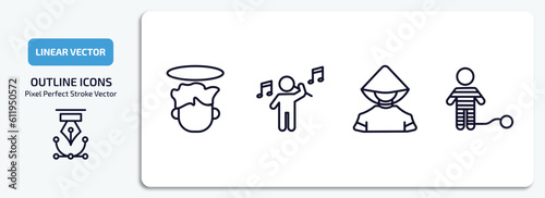 people outline icons set. people thin line icons pack included boy angel head, man playing a flute, chinese man, war prisioner vector. photo