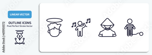 people outline icons set. people thin line icons pack included boy angel head, man playing a flute, chinese man, war prisioner vector.