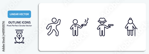 people outline icons set. people thin line icons pack included dancing man, smoking man, criminal heist, old lady walking vector.