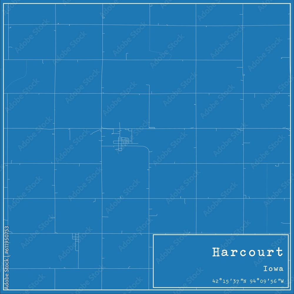 Blueprint US city map of Harcourt, Iowa.