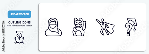 other outline icons set. other thin line icons pack included arabian woman, lucky cat toy, super hero, graduation's questions vector.