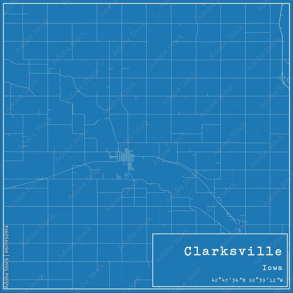 Blueprint US city map of Clarksville, Iowa.