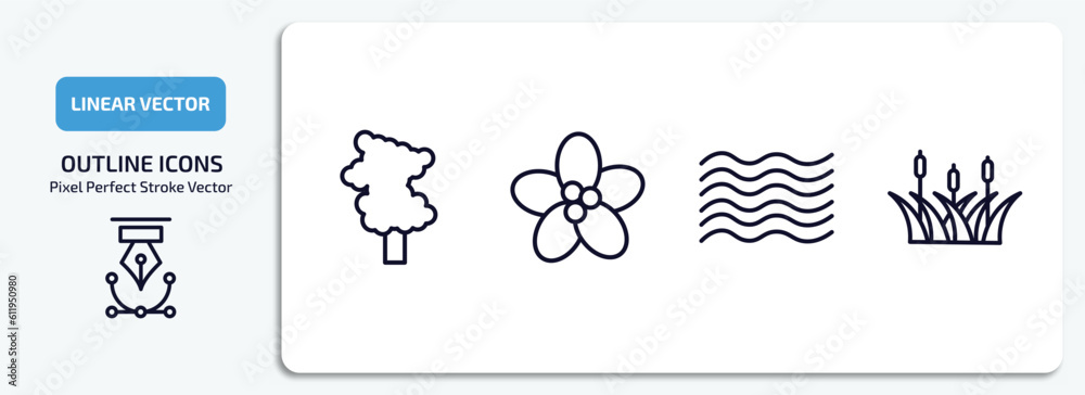 nature outline icons set. nature thin line icons pack included sassafras tree, pointia, waves, reed vector.