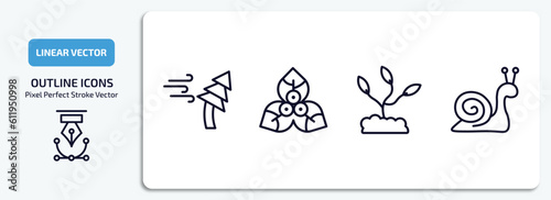 nature outline icons set. nature thin line icons pack included windstorm, bougainvillea, grow plant, snail vector.