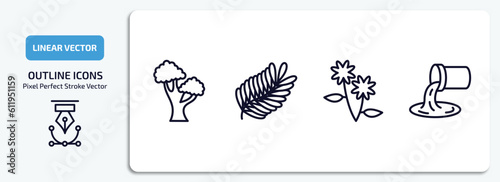 nature outline icons set. nature thin line icons pack included black oak tree, fern, pair of flowers, waste water vector.