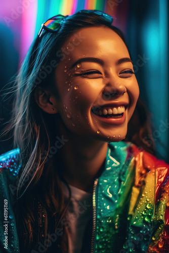 Asian young woman. Colorful gen z girl in rain and rainbow portrait. Generative AI