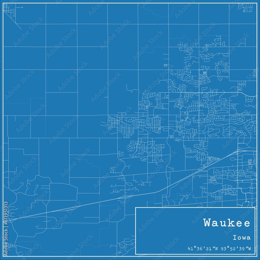 Blueprint US city map of Waukee, Iowa.