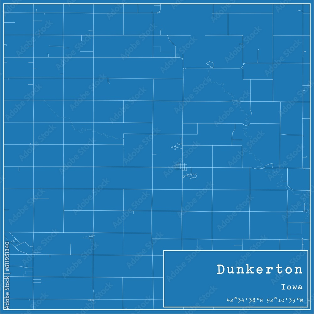 Blueprint US city map of Dunkerton, Iowa.